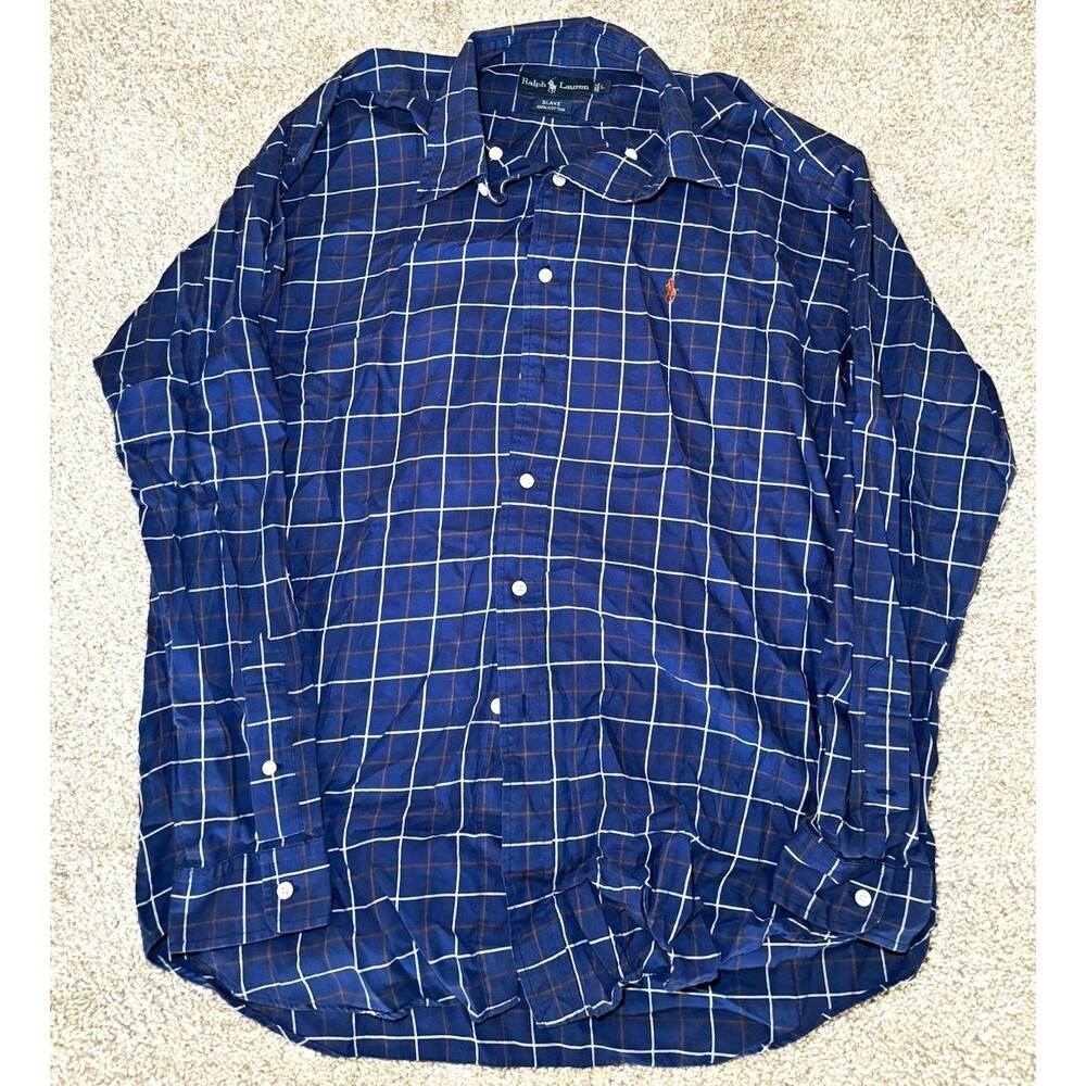 Ralph Lauren Blake Men’s L Blue/White/Brown Plaid Long Sleeve Cotton Shirt